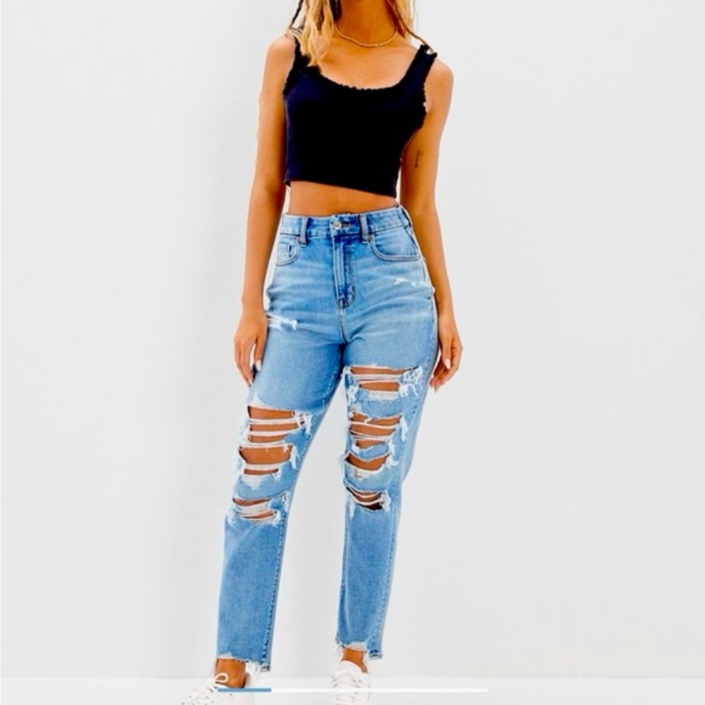 AE distressed Mom Jeans, High-waisted, and tapered.